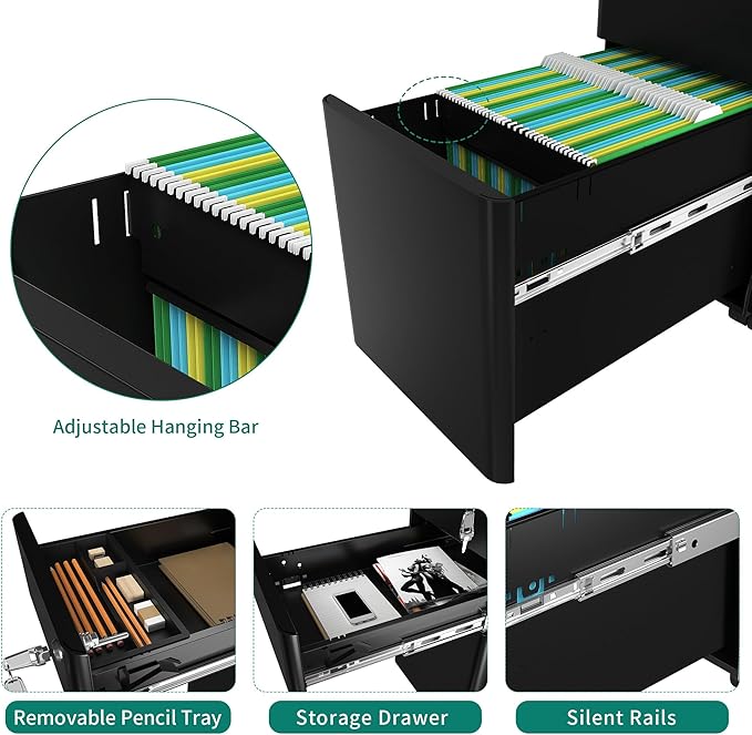 YITAHOME 3-Drawer Metal Filing Cabinet Office Drawers with Keys, Compact Slim Portable File Cabinet, Pre-Built Office Storage Solution for A4/Letter/Legal, Black
