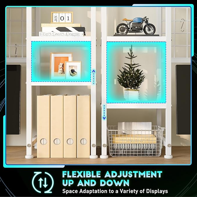 REIBII Desk Shelf with LED Light Strip,Adjustable 45.1" Desk Hutch Dorm with 5 Tier Display Shelf Rack,Desktop Bookshelf with Grid Panel & Hooks for Home, Office and Dorm, White