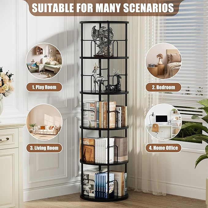 Flycity 5 Tier Rotating Bookshelf, 360° Corner Bookshelf Tower, Round Revolving Bookcase with Special Visible Partition Storage, Narrow Book Shelf Organizer for Living Room, Small Space, Black