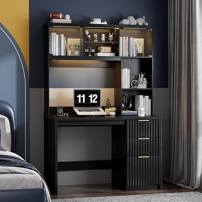 Lvifur LED Study Desk - with Hutch & Storage Cabinet, 47" Computer Desks with Outlet and 3 Color LED, Writing Desk, Home Office Desk for Studyroom, Ideal for Office Set, Black