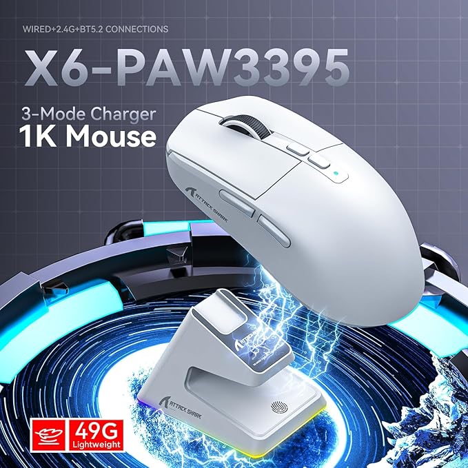 ATTACK SHARK X6 Lightweight Wireless Gaming Mouse with RGB Backlight Charging Base,Tri-Mode Wired/2.4GHz/BT5.2,26K DPI, PAW3395 Optical Sensor,HUANO Switch,5programmable Buttons,PC/Mac(White)