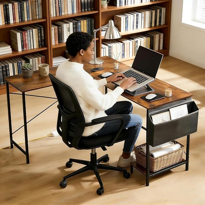 L Shaped Desk, 50 Inch Reversible Computer Desk Corner Gaming Table with CPU Stand & Storage Bag, Sturdy Metal Frame PC Workstation for Home Office, Brown Wood