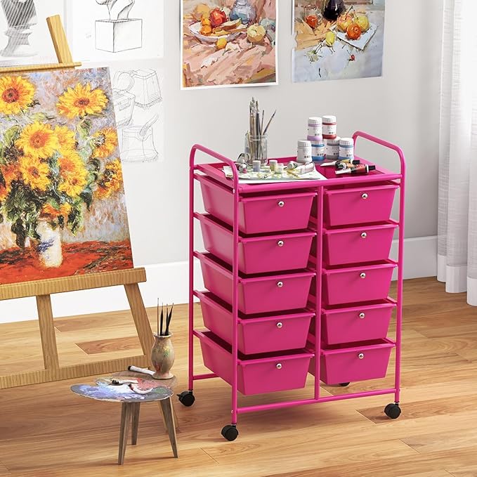 “Moccha 10-Drawer Rolling Storage Cart - Under Desk Storage Drawers with wheels for Craft Art Supply Paper Salon, Scrapbook Paper Tools, Storage Drawers Organizer, Mobile Utility Cart for Classroom