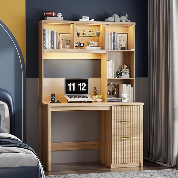 Lvifur LED Study Desk with Hutch & Storage Cabinet, 47" Home Office Desk with Outlet and 3 Color LED, Writing Desk for Bedroom, Computer Desks for Studyroom, Ideal for Office Set, Natural