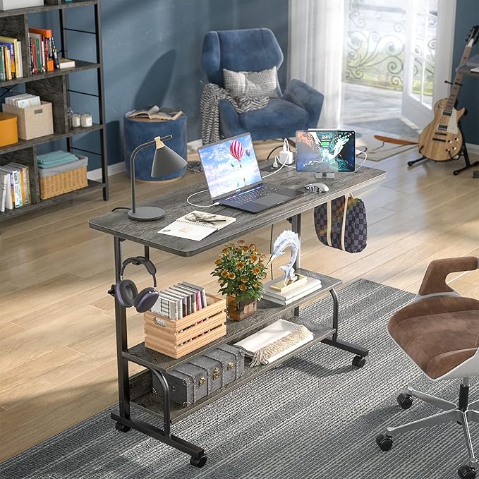 Armocity Rolling Standing Desk with Power Outlets, 39" Manual Height Adjustable Mobile Computer Desk with Wheels, Small Portable Sit Stand Laptop Couch Table for Bed & Sofa Home Office, Grey Oak