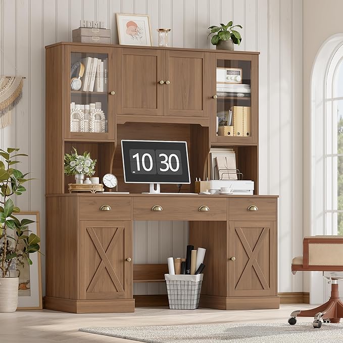 Keyluv 75" Executive Desk with Hutch and Drawers, Computer Desk with Glass Door and Storage Cabinet, 63" W Large Farmhouse Workstation for Home Office Study Writing Gaming Table, Brown
