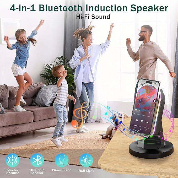Wireless Induction Speaker with 360° Rotatable Base, Phone Stand with Bluetooth Speaker and RGB Light, Cell Phone Speaker Amplifier for Desk, Kitchen, Unique Tech Gifts for Men and Women (Black)