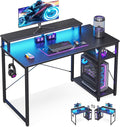 MOTPK 40 Inch Small Gaming Desk with Storage & Led Lights, Computer Desk with Shelf, Reversible Gamer Desk with Monitor Stand, Carbon Fiber Texture Black