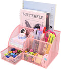 Boutilon Mesh Desk Organizer Desktop Office Supplies Stationary Organizer with 6 Compartments and 1 Drawer Multi-Functional Caddy Pen Holder for Home Office School Desk Decor(Pink)