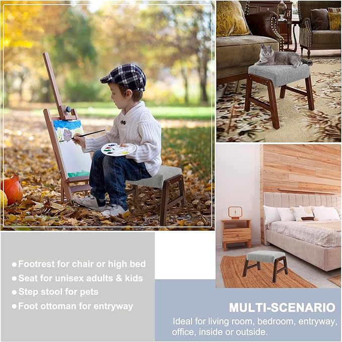 Small Footstool Ottoman, 11.8" H Fabric Wooden Foot Rest Ottoman with Wood Legs, Small Foot Stool Sofa Footrest Extra Seating for Living Room Entryway Office, Light Grey