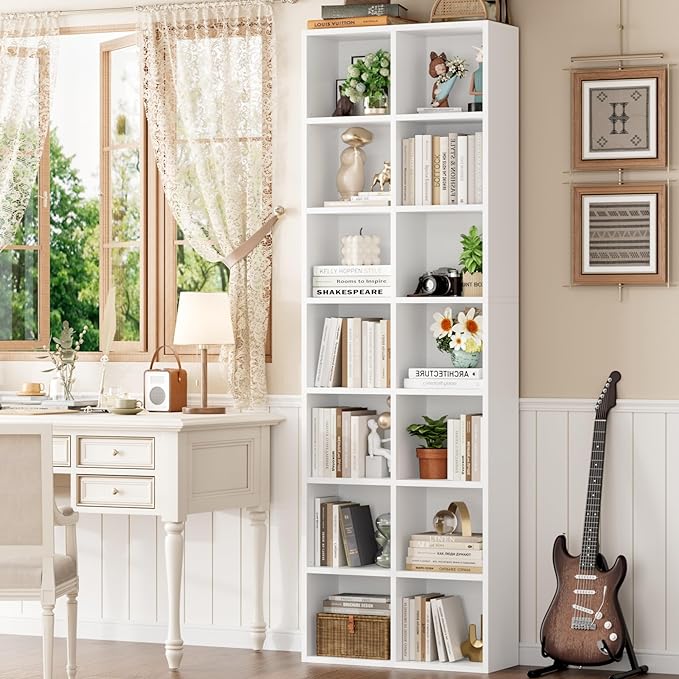 FOTOSOK 71'' Tall Bookshelf with 14 Cubes, 7 Tier Double Wide White Bookshelf with 6 Adjustable Shelves, 19.6" Narrow Bookcase DVD/CD Media Storage, Space Saving Display Shelf Cabinet, White
