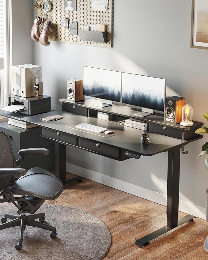 CubiCubi 55" x 30" Standing Desk with Drawers, Height Adjustable Electric Workstation, Computer Sit Stand Up Table with Large Storage Shelf 4 Drawers and 2 Hooks, Black