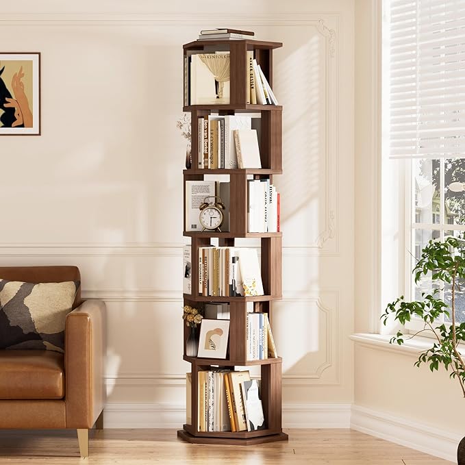 BACEKOLL Rotating Bookshelf Tower, 6 Tier Spinning Book Shelf, Wood Round Revolving Bookcase, Narrow Rolling Bookshelves, Vertical Book Storage for Corner Small Spaces, Bedroom, Living Room,Walnut