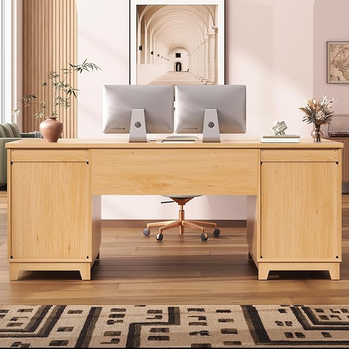 SEDETA 55.1" Fluted Office Desk with 6 Drawers, Modern Executive Desk with Acrylic File Drawers, Computer Desk with Power outlets for Home Office and Study, Natrual