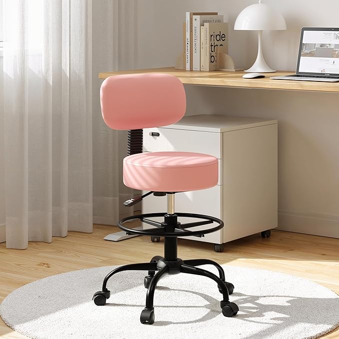 Drafting Chair with Back Support, Adjustable Foot Rest Rolling Stool, 360° Swivel Office Desk Chair with Wheels, Thick Seat Cushion for Home Bar Salon Tattoo Shop (2, Pink)