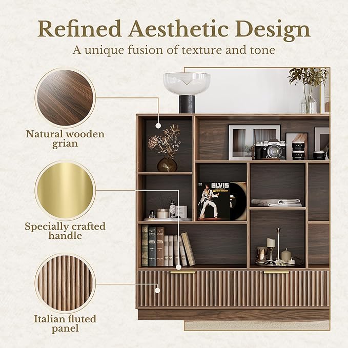 Home Office Furniture Set, 67'' Standing Desk with 44'' Bookshelf, Electric Height Adjustable Desk with 2 File Cabinet, AC/USB and Bookcase with 3 Drawers, Fluted Style Black Walnut
