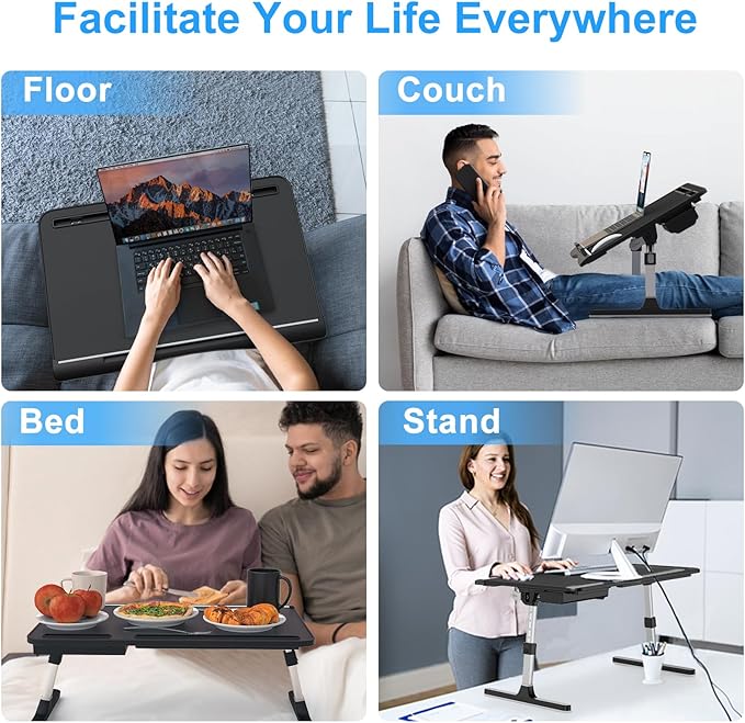 HETTHI Laptop Stand for Bed, Adjustable Leather Bed Desk with Foldable Legs, X-Large Laptop Bed Table Tray with Drawer for Bed Couch Floor Writing Working Reading Eating Painting (Black, 23.6"×15.7")