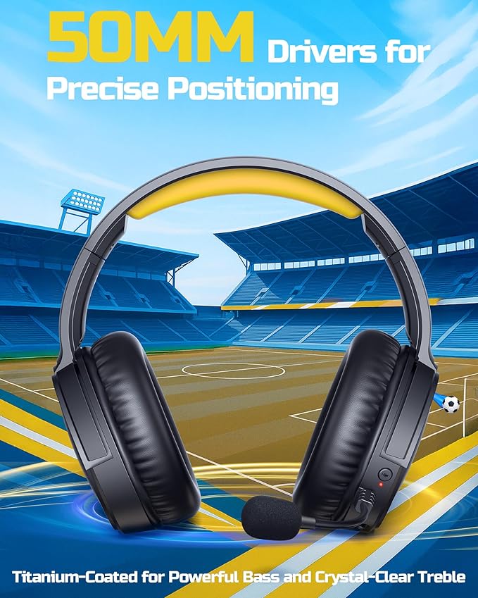BINNUNE Wireless Gaming Headset — 2.4GHz Low-Latency USB Dongle + Bluetooth, 50mm Drivers 7.1 Surround, Noise-Cancelling Mic, 40H Battery — Over Ear Wireless Headphones for PS5, PC, Laptop, Yellow