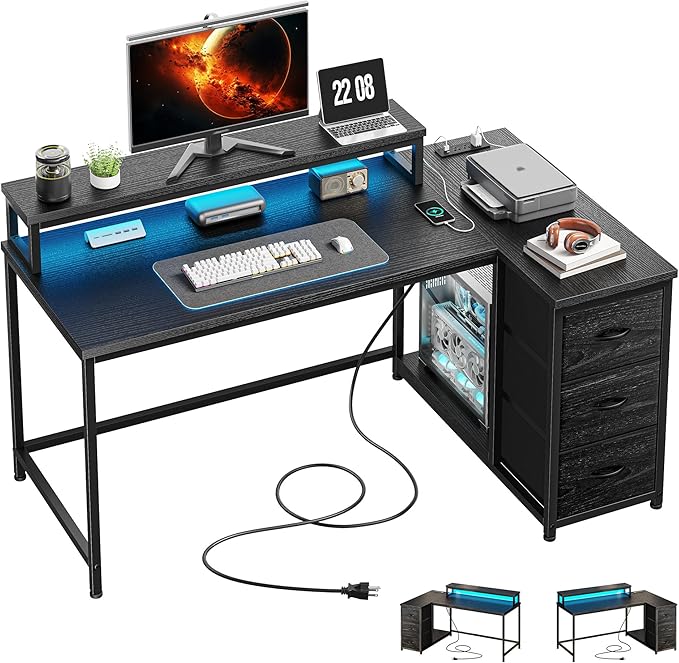 EnHomee Gaming Desk with LED Lights & Power Outlet, 40Inch L Shaped Computer Desk with Drawers, Small Desk Home Office Desks with Monitor Stand for Gaming,Study Room,Home Office,Bedroom,Black
