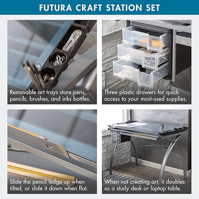 SD Studio Designs 10037 Futura Deluxe Drafting Table with Light Pad Support Bars & Drafting Height Leg Extensions, Silver/Blue Glass