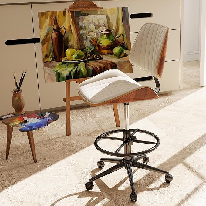 Drafting Home Office Chair, Swivel Desk Chair with Bend Wood Backrest, Ergonomic Office Chairs with Adjustable Height and Footrest Ring for Bar Lab Counter Height Desk and Drawing (Ivory)