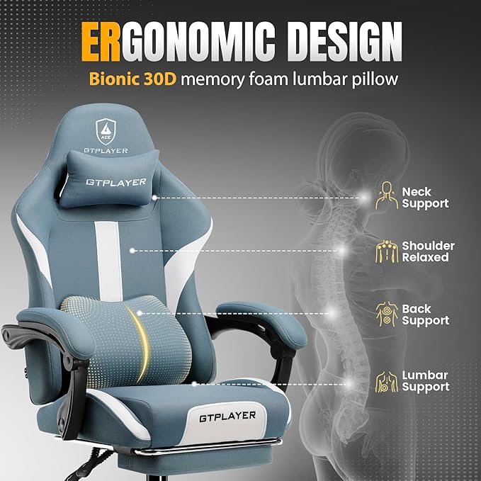 GTPLAYER Gaming Chair Ergonomic Office Chair with Foot Rest & Pocket Spring Cushion, High Back Computer Desk Chair with Headrest & Lumbar Support, Breathable Fabric Game Chair for Adults, Blue
