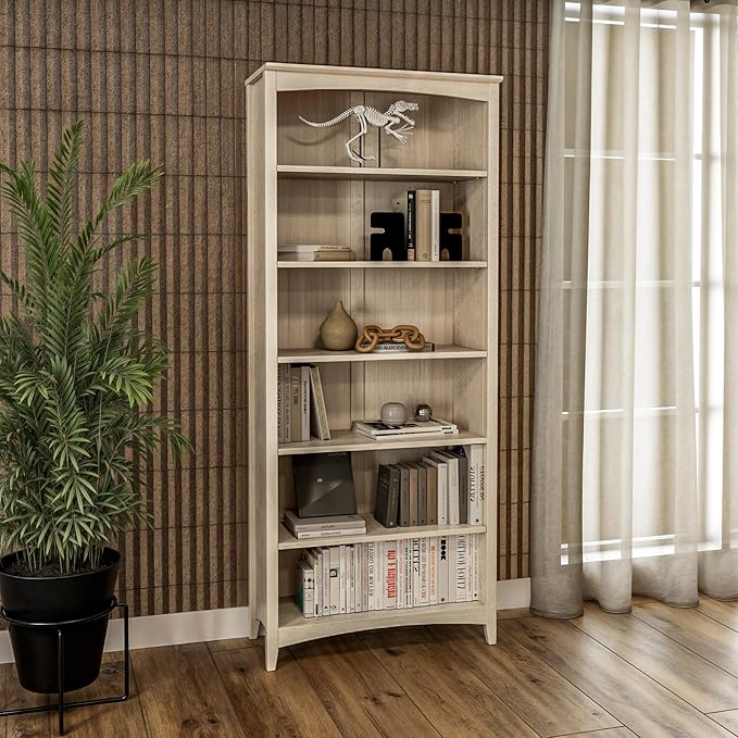 Camaflexi Shaker Style 6 Shelf Bookcase/Solid Wood / 72 inch Tall/Adjustable Shelving/Closed Back/Display Bookshelf for Living Room, Bedroom, Home and Office, Light Oak