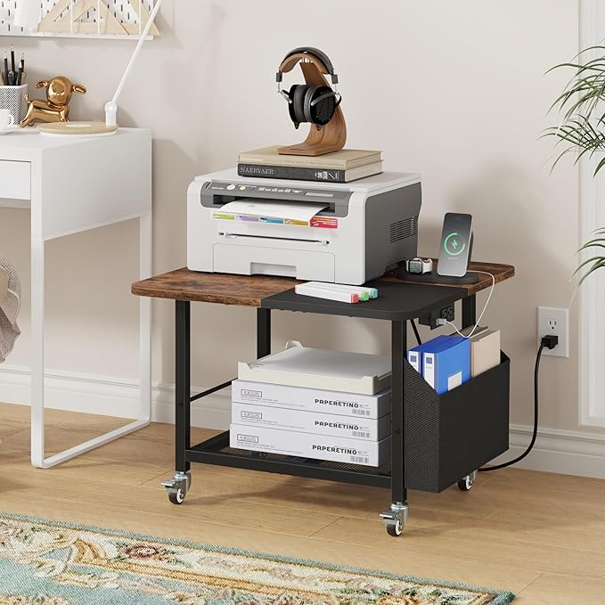 YAOHUOO 23.6"×23.6" Large Priner Stand with Power Outlet, Printer Table with Storage Side Pocket, Heavy Duty Rolling Cart for Home Office 3D Printer/Laser/Heat Press Table, Rustic Brown