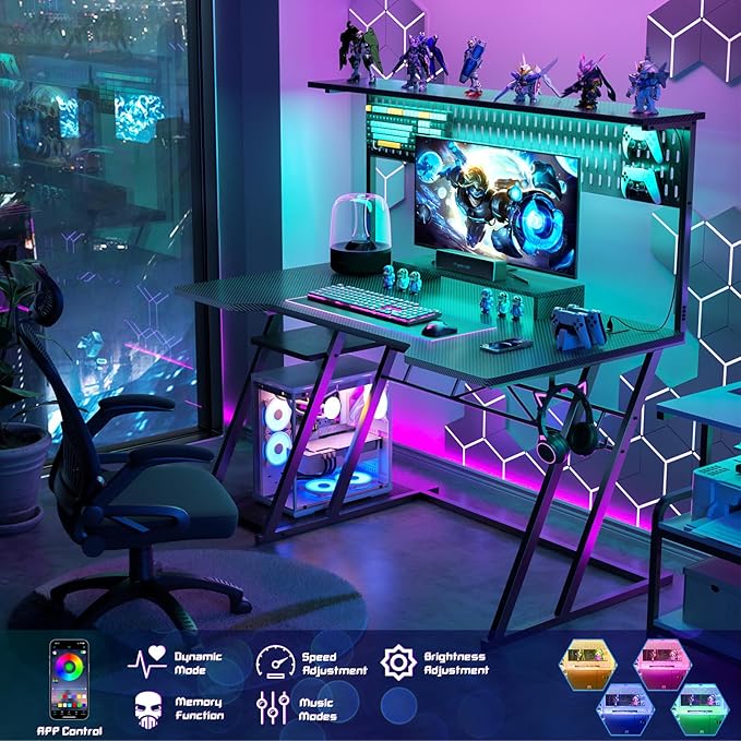 Armocity Gaming Computer Desk with Shelves and Outlets, Gaming Desk with Hutch and LED Lights, Reversible PC Gaming Desks with Pegboard, Carbon Fiber Black 47''