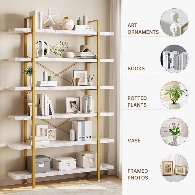 OtterOasis Heavy Duty 6-Tier Industrial Bookcase, 47" Wide Wood Bookshelf for Home Office, 120lbs Shelf Capacity, Open Shelving Display with Reinforced Horizontal Shelf for Living Room Bedroom, White