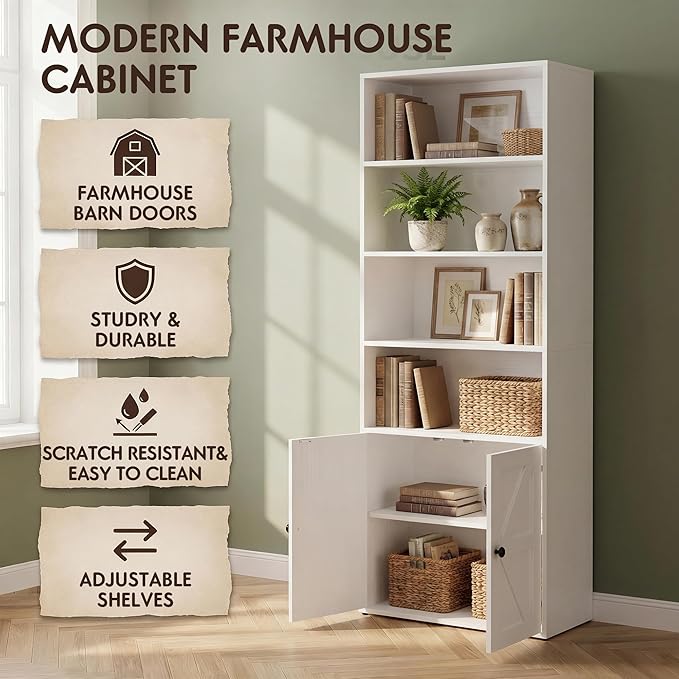 YESHOMY Farmhouse Bookshelf and Bookcase with Doors, Industrial Bookshelves and Bookcases Floor Standing Display 6-Tier Shelf Storage Shelves 71.5 inchs for Home Office, Living Room, White, 1 PCS