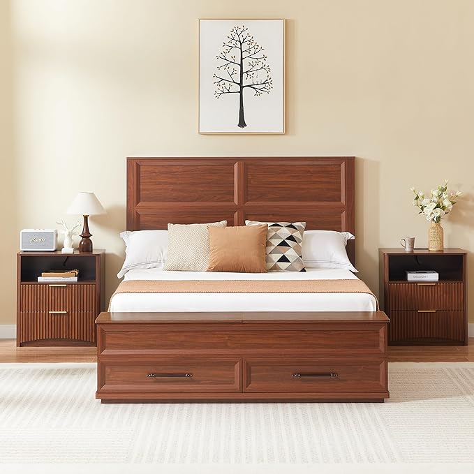 Queen Size Bed with 3D Geometric Headboard & Storage Bench - 4-Drawer Storage, Modern Bedroom Furniture, Walnut. The 3D geometric grid pattern on the headboard exudes modern charm, blending refineme