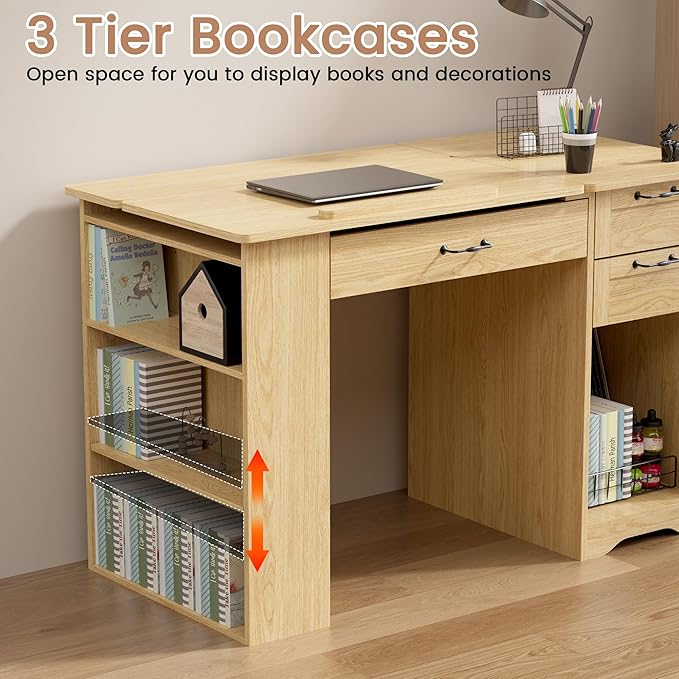 Crafting Table with Storage Cabinet & Drawers, Adjustable Drafting Table with Open Shelves, Drawing Computer Desk, Painting Desk, Workstation for Home Office Reading, Writing, Craftin