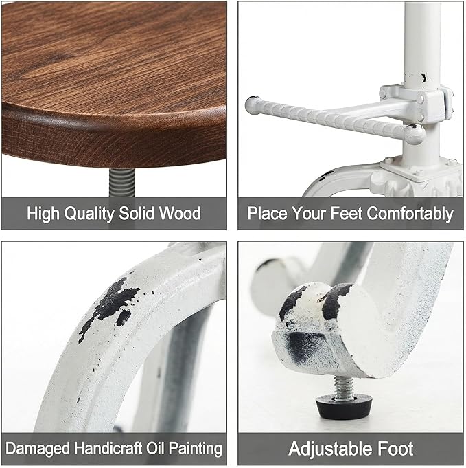 Topower Industrial Retro Vintage Farm Wooden Tractor Stool Kitchen Swivel Height Adjustable bar Stool (Antique White)
