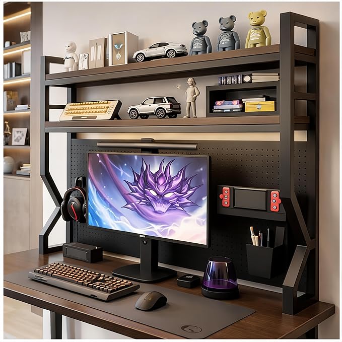 Desktop Hutch Bookshelf,Many Gifts,Metal Desktop Bookcase with pegboard, Desk Shelf Brown, Countertop Storage Organizer Rack for Dorm or Office,Desktop Shelves (Natural+Black, 53.1" Lx9.9 Wx39 H)