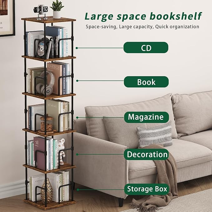 5-Tier Rotating Bookshelf, Freestanding Corner Bookshelf, 360° Spinning Bookcase Industrial Style Storage Rack with Rails, for Living Room, Bedroom, Study