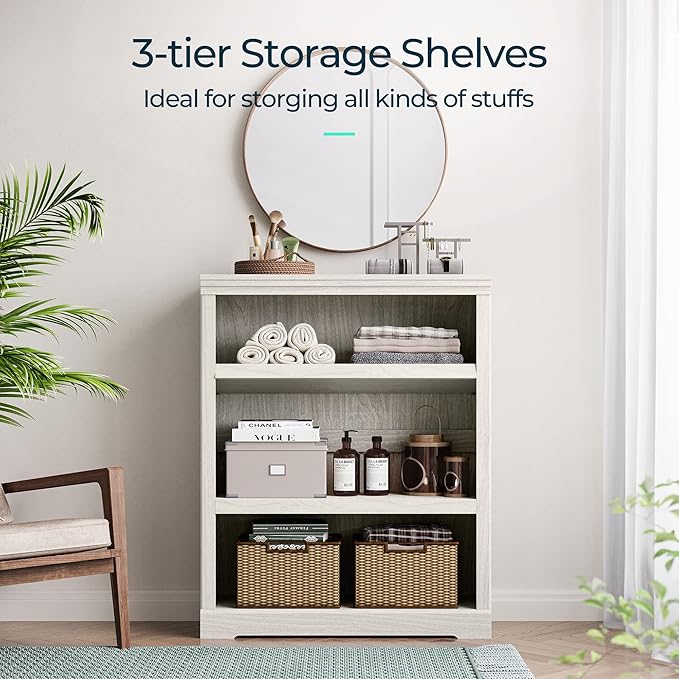 LINSY HOME 3-Tier Bookcase, Small Bookshelf Wood Display Storage Shelves Farmhouse Bookshelf for Home Office, Living Room, Bed Room - White Oak