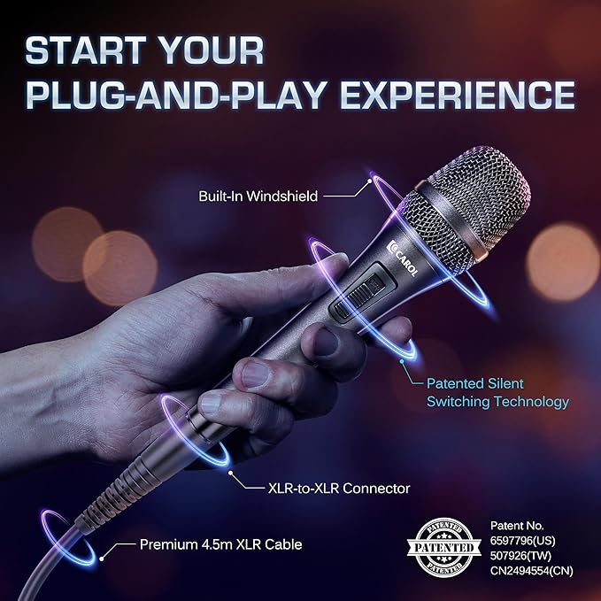 CAROL AC-910S XLR Wired Vocal Microphone – Dynamic Cardioid Mic with AHNC Dual-Engine Noise Cancelling Tech for Singing, Karaoke, Stage & Studio, Includes Mic Clip, 14.8ft XLR Cable & On/Off Switch