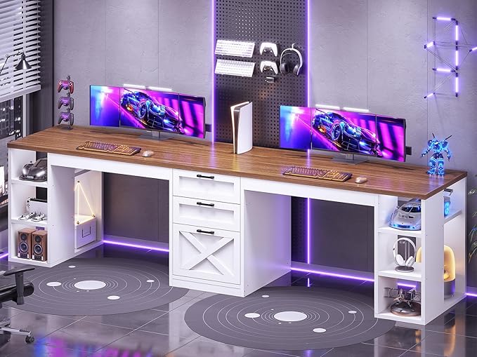 SEDETA Farmhouse 96.5" Computer Desk with Drawers, 2 Person Home Office Desk, Gaming Double Desk with Storage Shelves, Long Two Person Writing Desk (White and Brown)