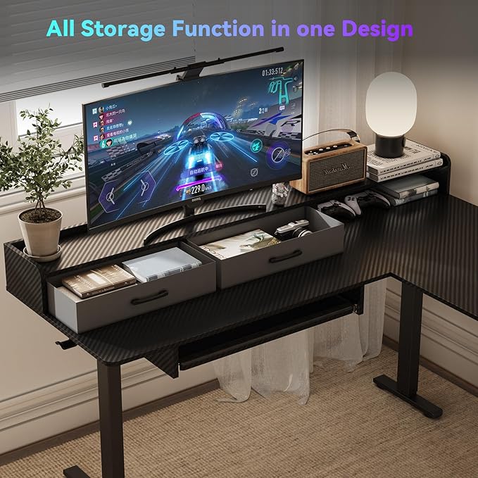 WALKINGDESK 63 Inches Height Adjustable L Shaped Standing Desk with 2 Drawers and Keyboard Tray, Electric Sit to Stand Home Office Comupter Table, Ergonomic Corner Gaming Desk, Black