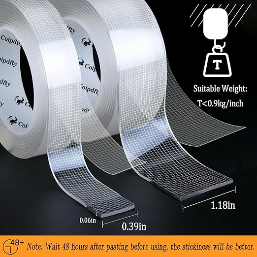 Double Sided Tape Heavy Duty for Wall Decor No Damage to Paint,Clear Removable Mounting Tape,Nano Two Sided Adhesive Tape,Picture Hanging Strips for Posters, 2Rolls(1.18inx6.5FT+0.39inx6.5FT)-Grid