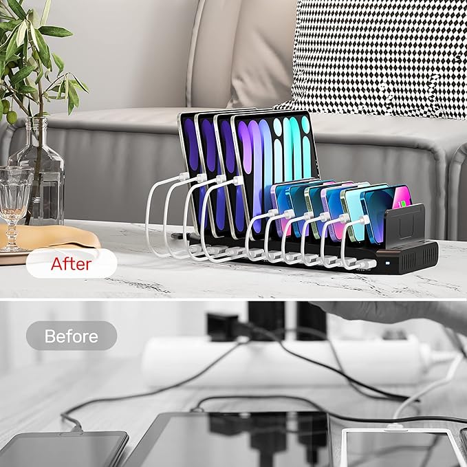 Unitek USB Charging Station for Multiple Devices, Charger Organizer Stand Dock with Dividers, Quick Charge 3.0 Compatible for Smartphone, Tablet, iPad and Other Electronics