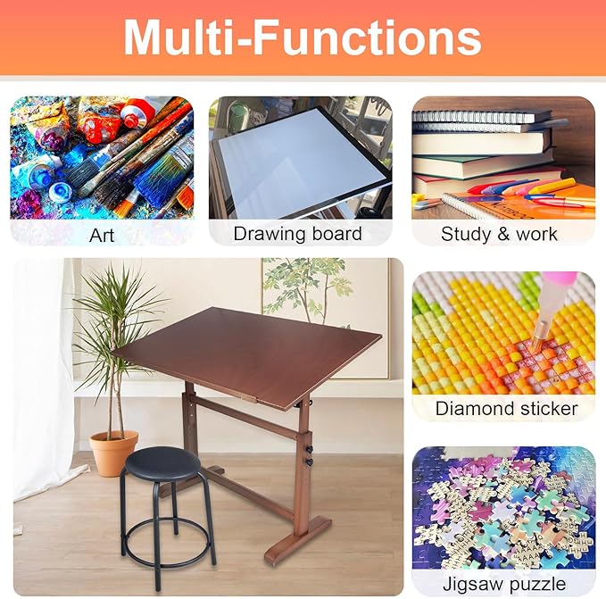 Falling in Art Wooden Drafting Table and Stool Set, Walnut 30" x 42" Adjustable Height and Angle Solid Wood Drawing Desk for Adults, Artist Craft Table for Painting Artwork, Reading, and Writing