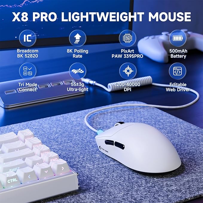 ATTACK SHARK X8 PRO 8K Wireless Gaming Mouse,PAW3395PRO 40K DPI Sensor,Tri-Mode Broadcom BK52820 Chip,Superlight Ergonomic Mouse for Large Hands,Cloud-Based Software,for Win/Mac(White&Tape)