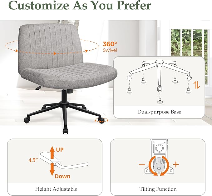 Orange Factory Criss Cross Chair Wheels Wide Cross Legged Office Desk Vanity Dual Base Comfy Fabric Armless Adjustable Swivel for Home Computer Task (Grey Dual Base, Fabric)