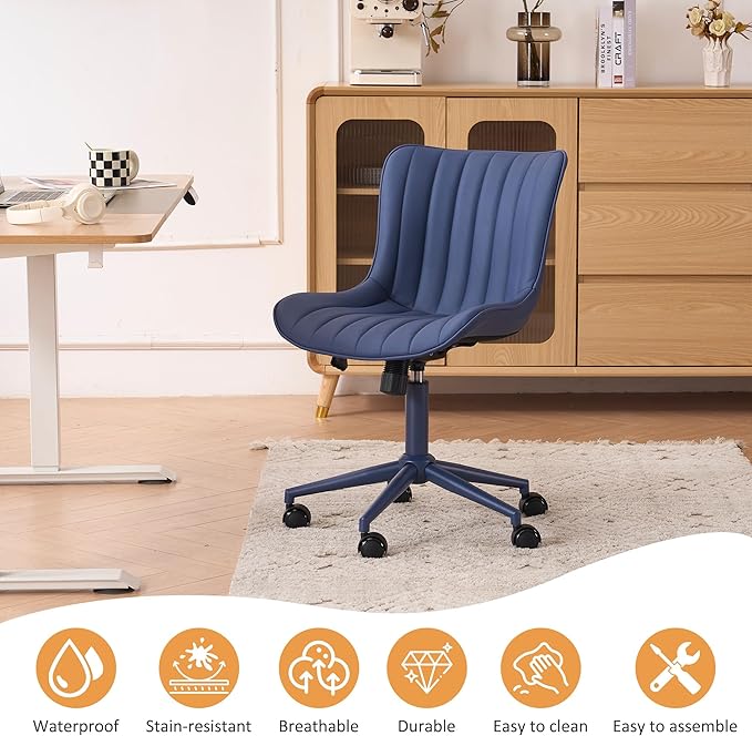 YOUNIKE Home Office Desk Chair with Wheels Armless Vanity Chair with Back Comfy Modern Leather Upholstered Rolling Task Chair Swivel Small Cute Sewing Chair No Arms Wide Adjustable Ergonomic Navy Blue