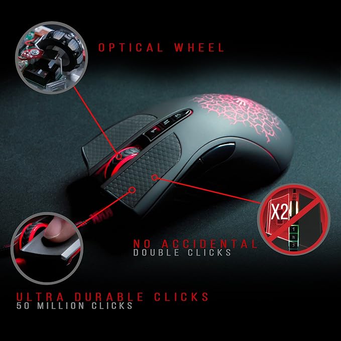 Bloody AL90 Optical Gaming Mouse with Light Strike (LK) Optical Switch & Scroll - 8 Programmable Buttons and Advanced Macros - Ergonomic Right Hand Grip - Button Grips - Colored Profile Selection