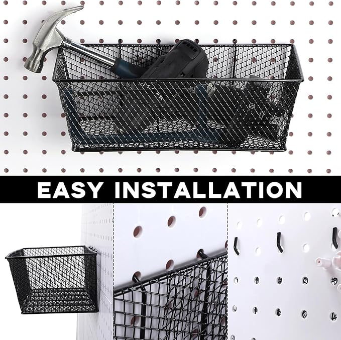 Sieral 6 Pieces Pegboard Baskets Wall Mount Wire Peg Board Baskets 3 Sizes Pegboard Accessories Slatwall Bins Basket Home Garage Hanging Organizer for Tools and Craft(Black)