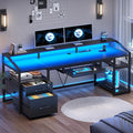 SEDETA 63" Computer Desk, Office Desk with Lockable Drawers for Legal/Letter File, Gaming Desk with LED Lights & Power Outlet, Home Office Desks with Storage, Black