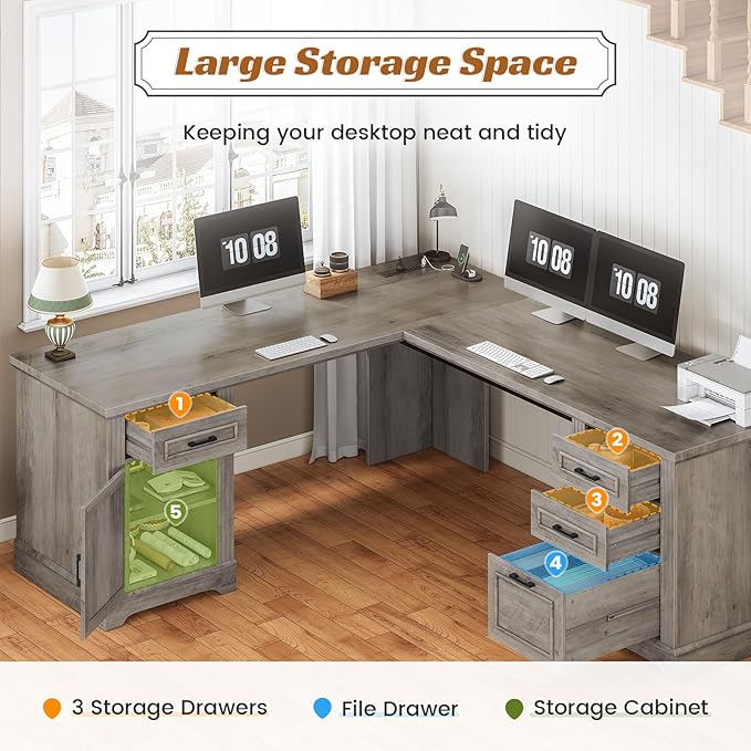SEDETA 69" L Shaped Desk with Drawers and Storage, Farmhouse Computer Desk with File Drawers and Power Outlet, Corner Executive Desk with Storage Cabinet for Home Office, Grey